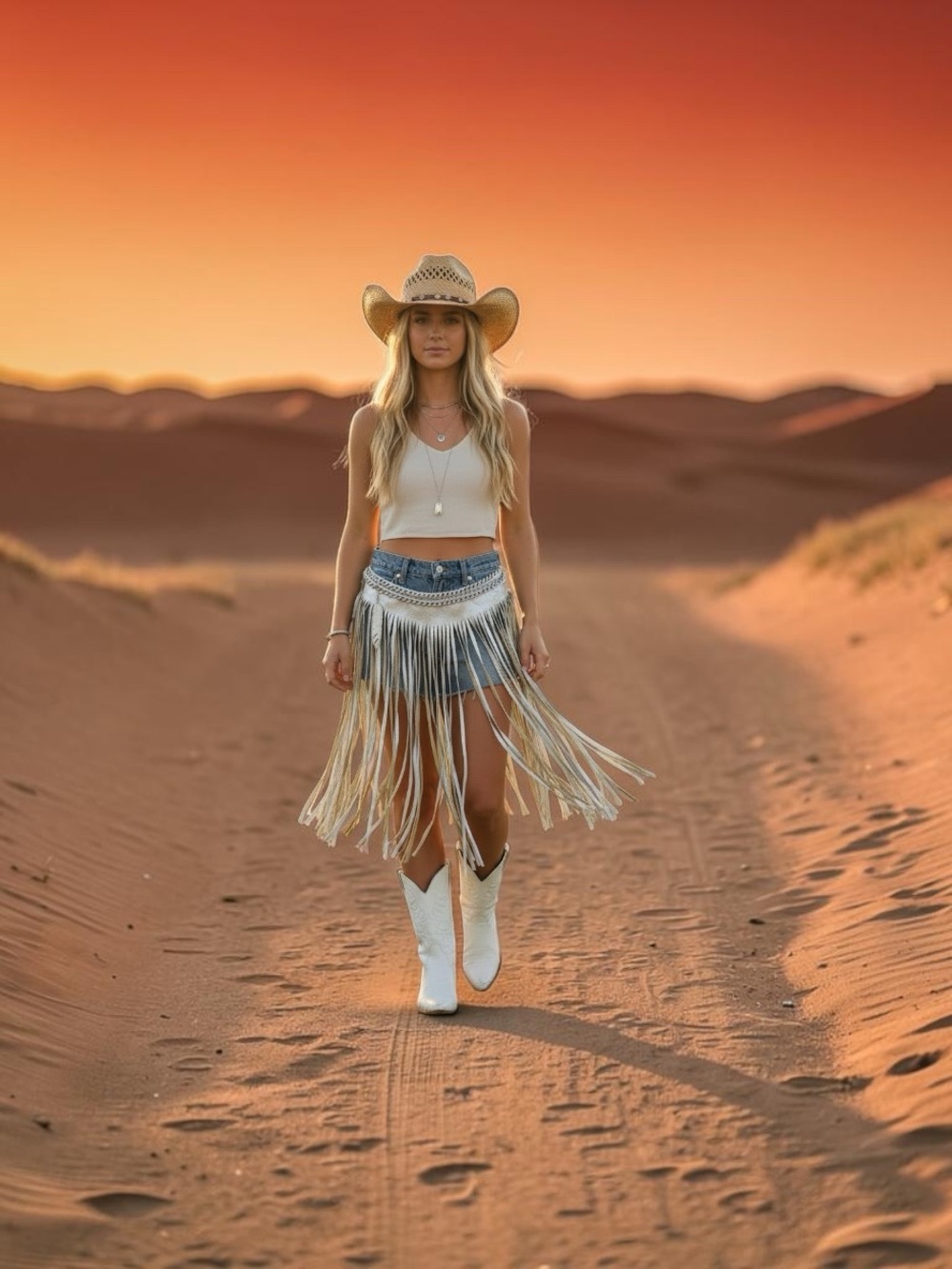 Silver and white leather fringe skirt belt with hand painted feathers and shells